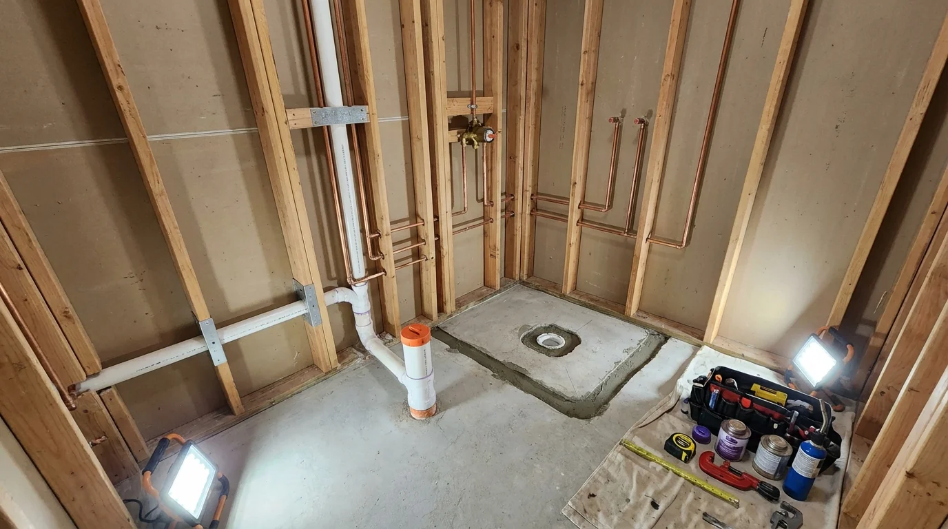 Bathroom rough-in plumbing during remodel by Johns Plumbing LLC in Samson