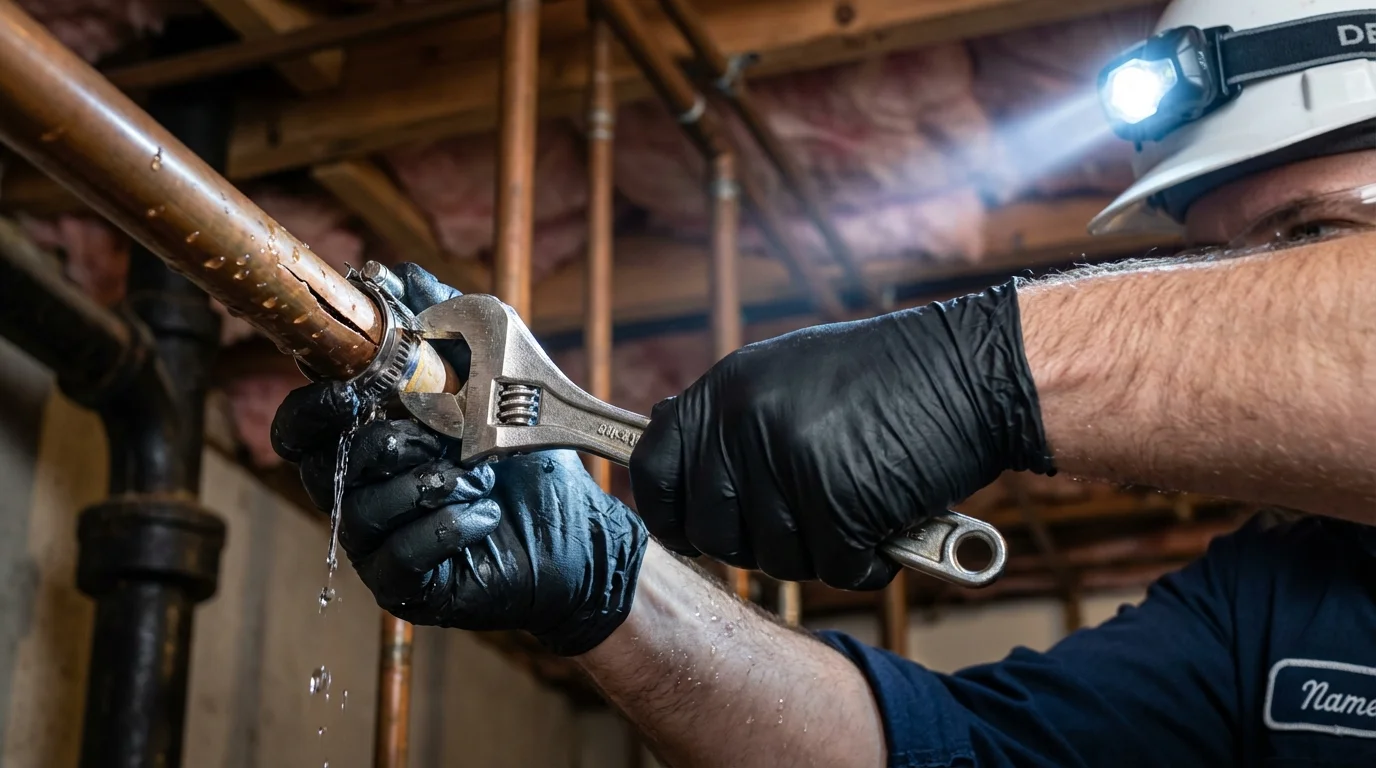 Emergency pipe clamp repair being performed by a Johns Plumbing LLC plumber in Samson
