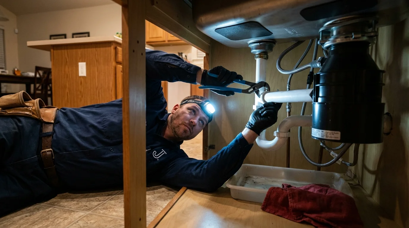 P-trap and supply line connections under a kitchen sink showing a common leak point in Samson, AL